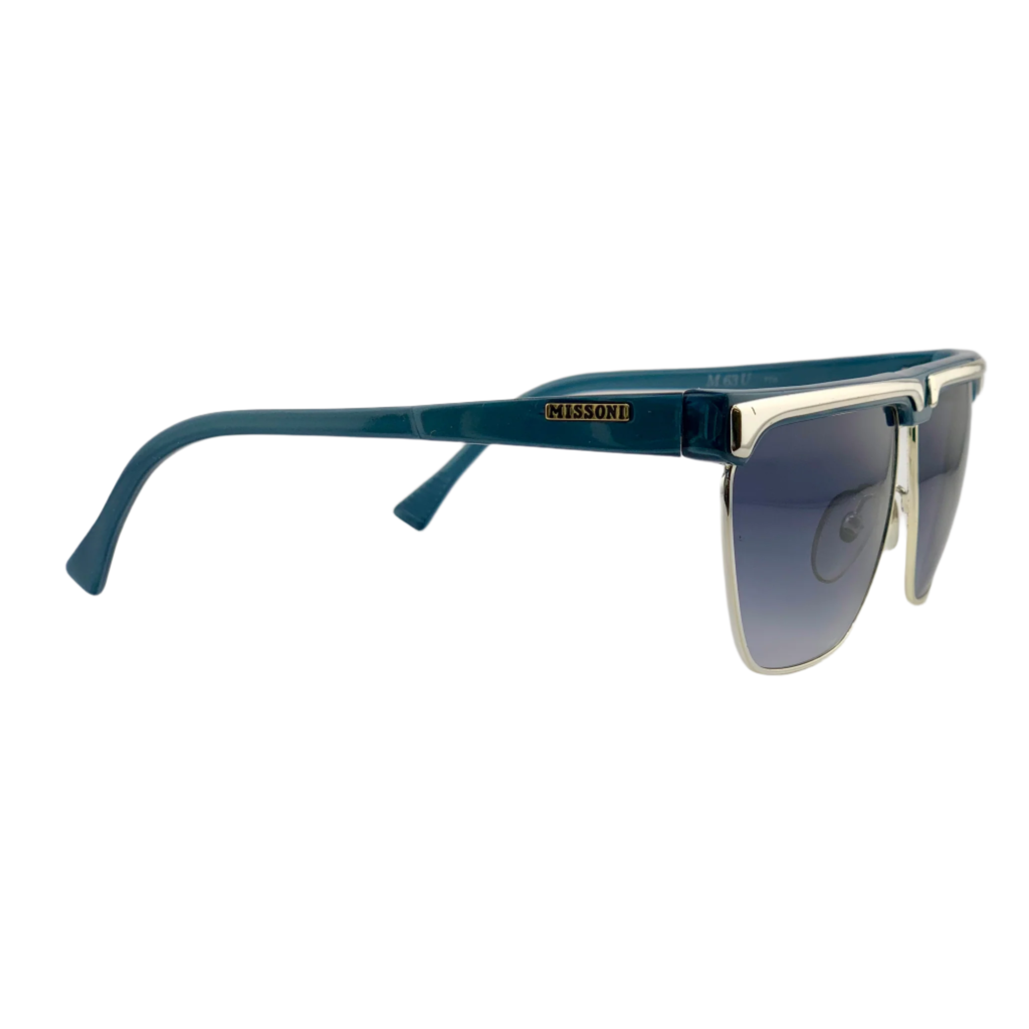  Vintage Missoni Square M63U sunglasses in green and gold frame with blue lens, never worn 