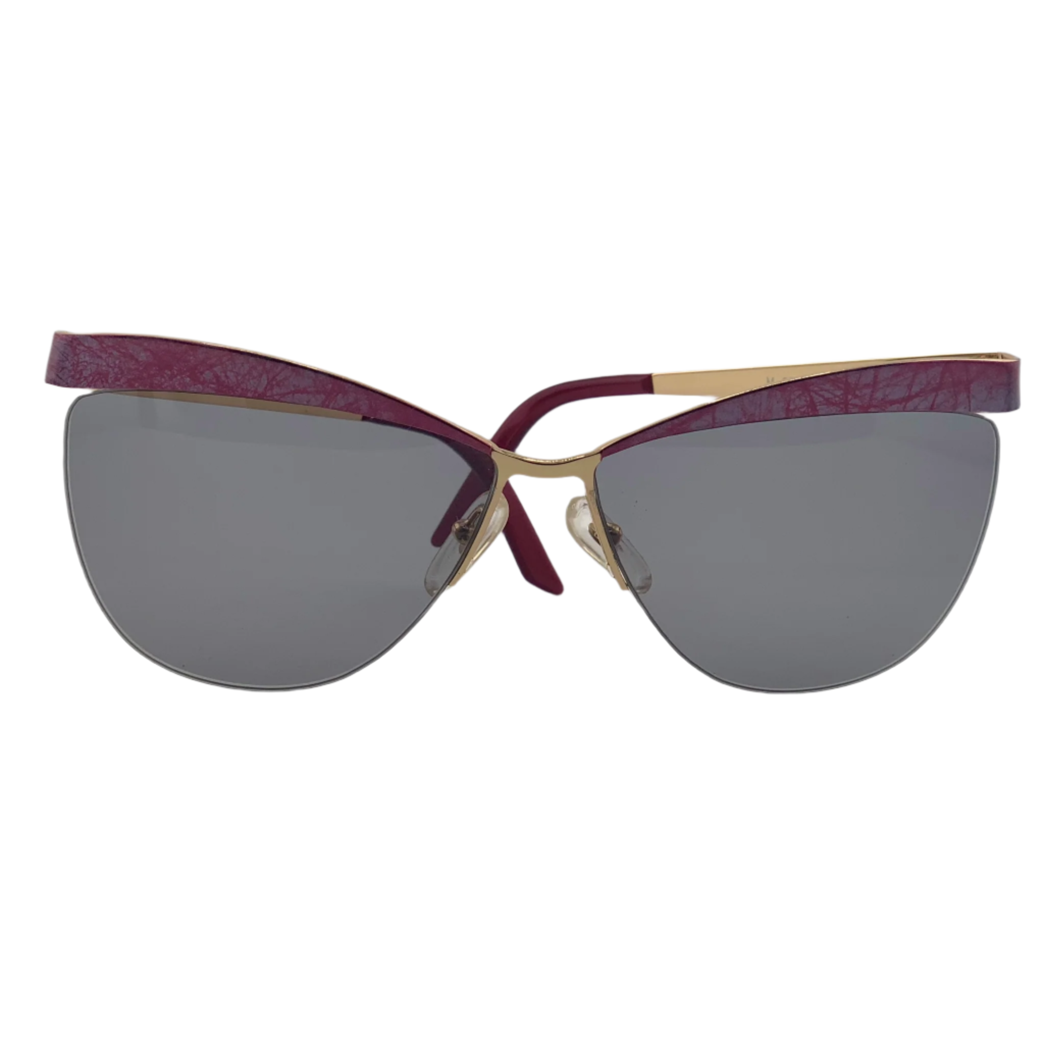 Rare vintage Missoni Cat Eye sunglasses with luxurious gold and purple frame, grey lenses, and original craftsmanship