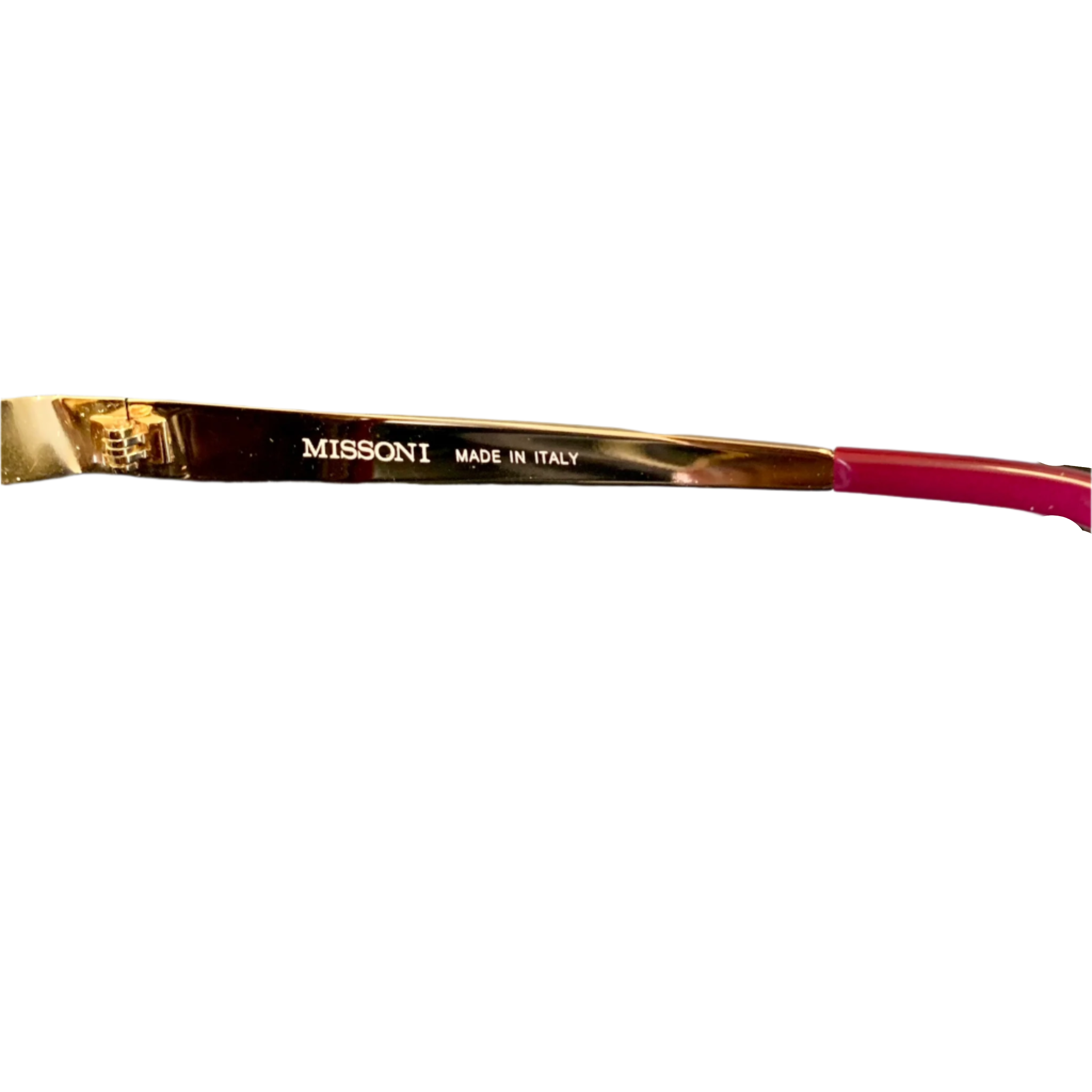 High-quality Missoni M-308/S vintage sunglasses with a distinctive cat eye shape, gold and purple frame, and grey lenses