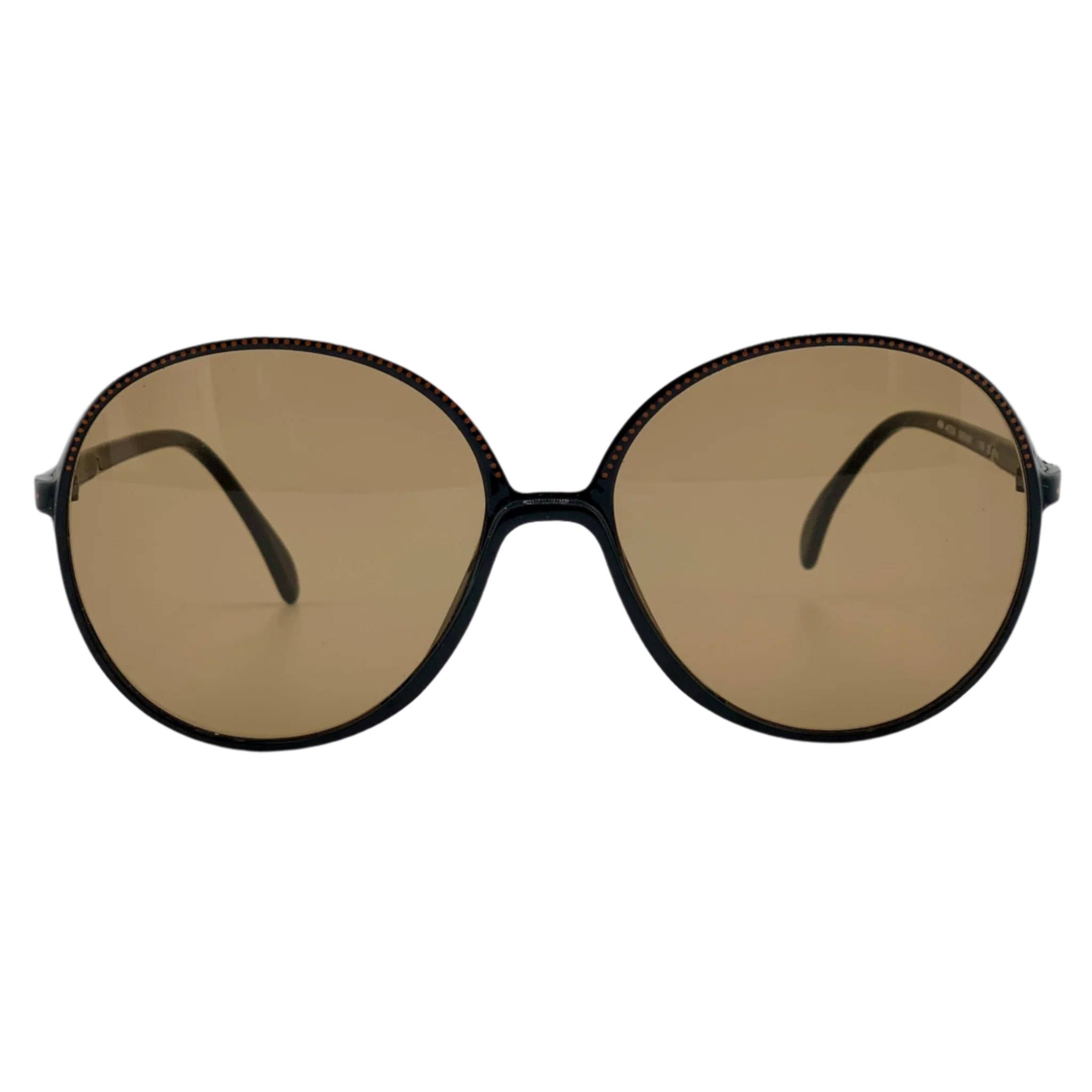Vintage Metzler Round sunglasses with black and red frame, brown lenses, and 100% UV protection