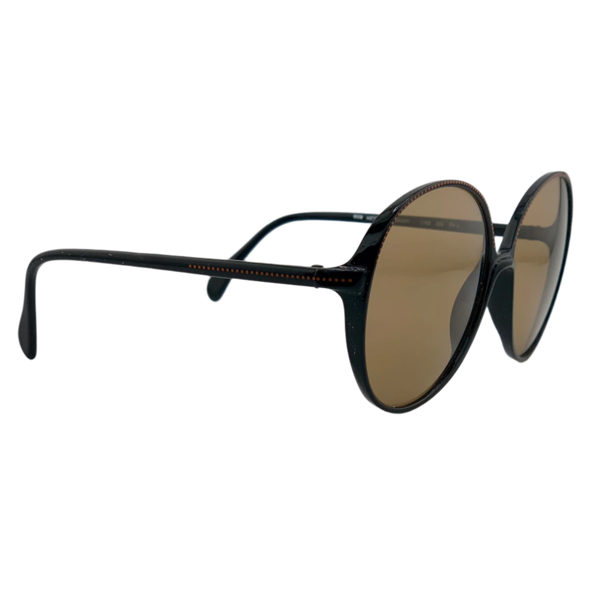 Authentic vintage Metzler Round sunglasses made in Germany with a black and red frame, brown lenses, and UV protection