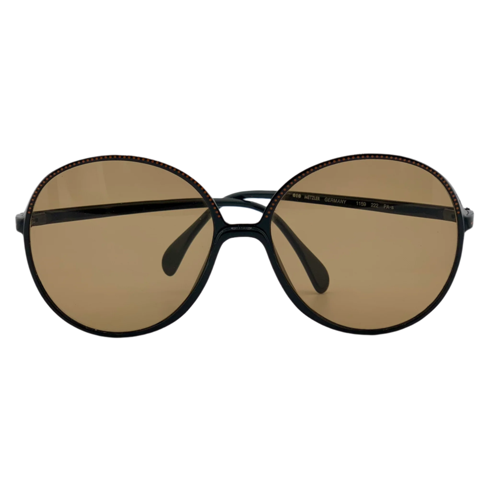 Classic Metzler Round sunglasses made in Germany, featuring a black/red frame, brown lenses, and clear signs of age authenticity