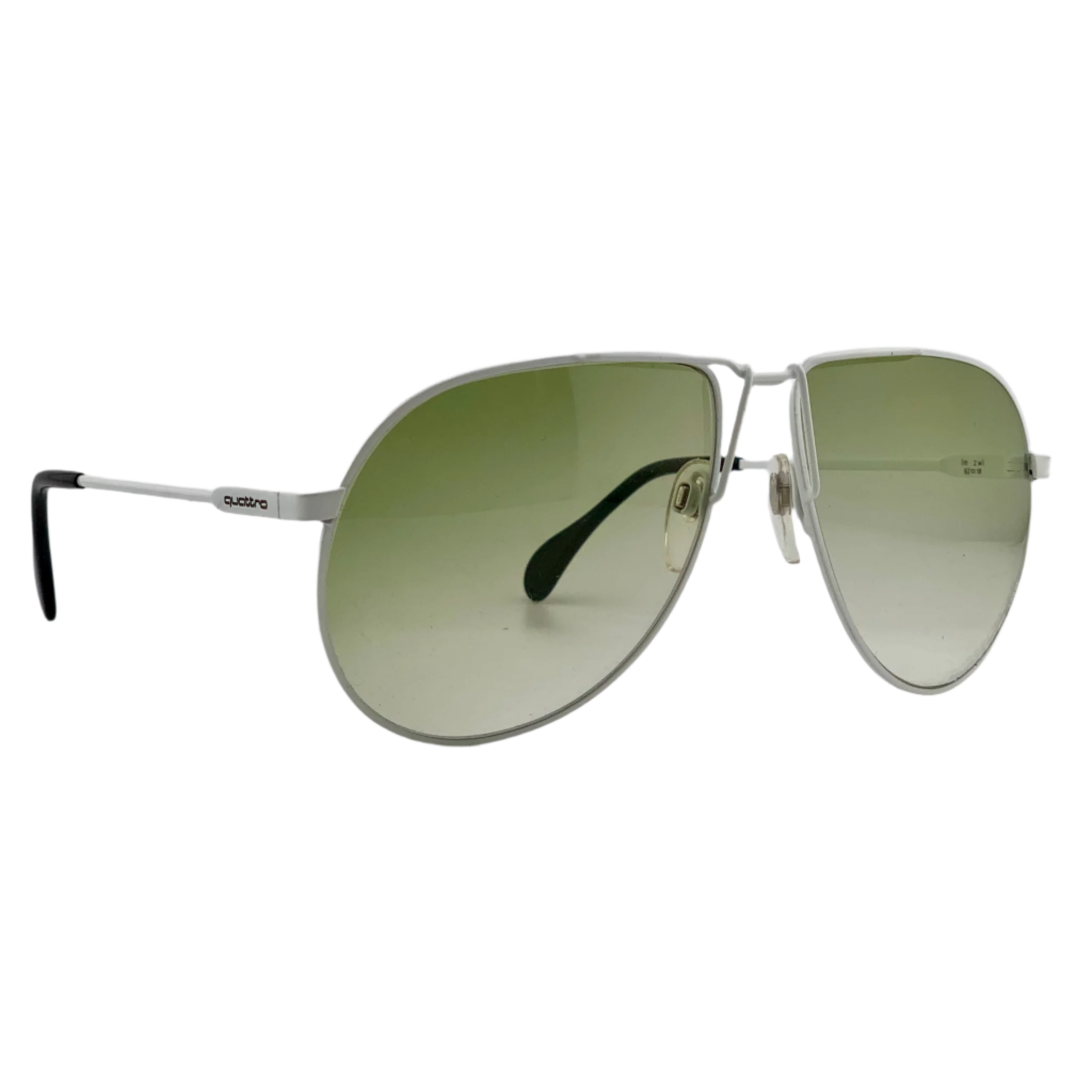 Original West German-made Quattro Aviator sunglasses featuring a white frame and green lenses, brand new and never worn