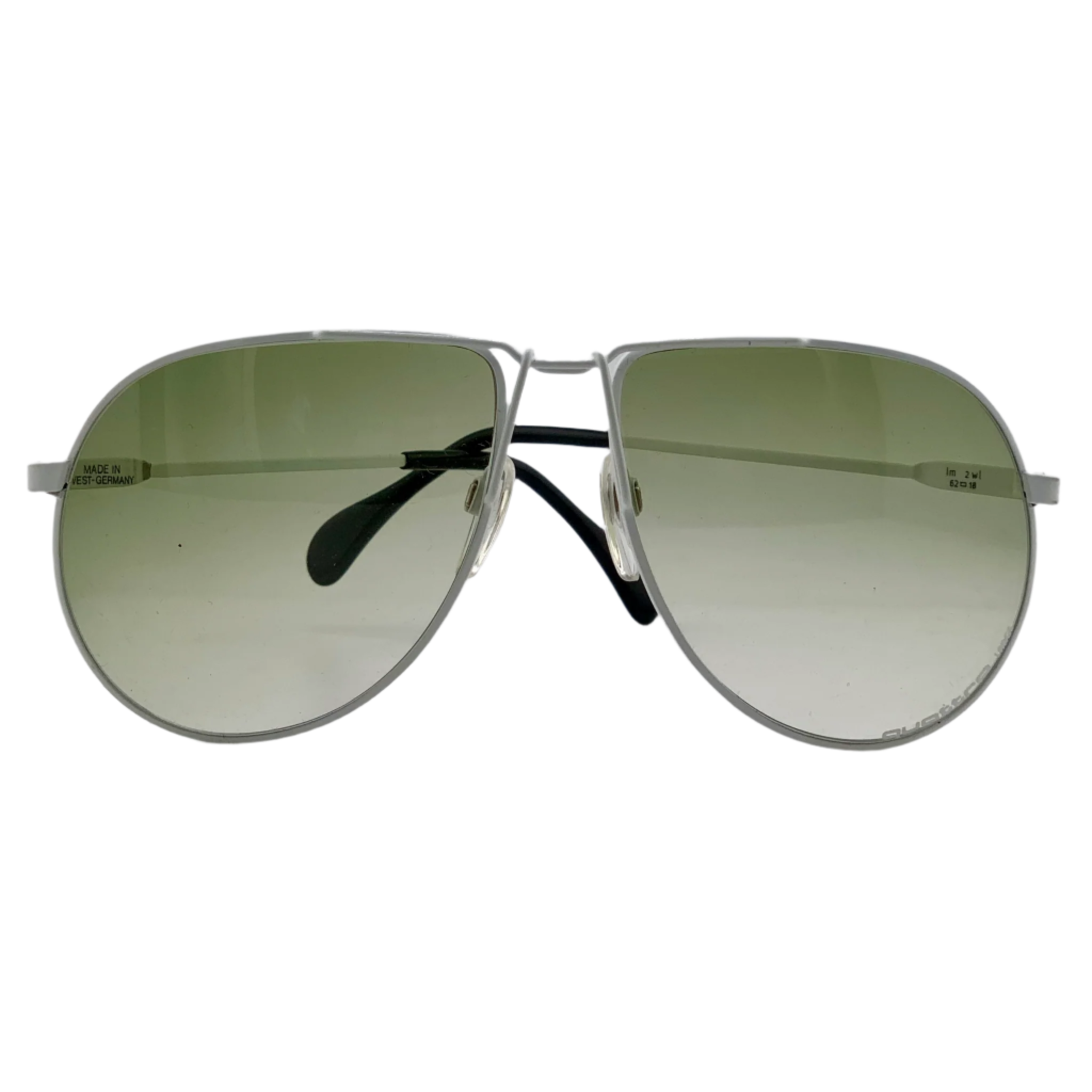 High-quality vintage Quattro Aviator sunglasses with white frame and green lenses, never worn, made in West Germany for men and women