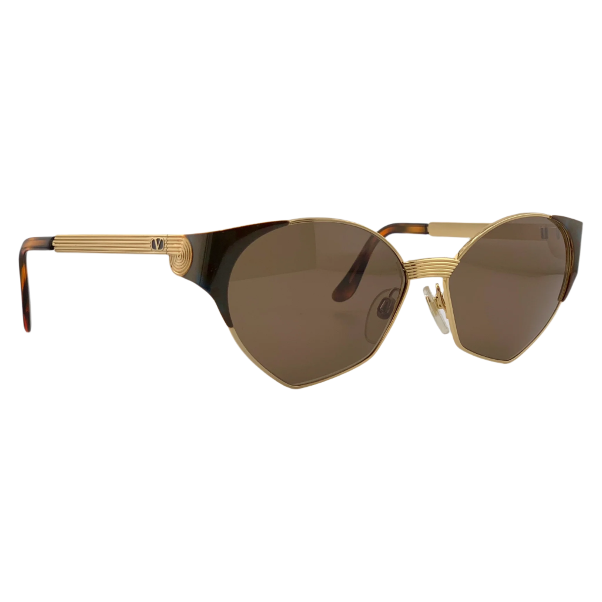 Original Valentino V609 Cat Eye sunglasses featuring a gold frame and brown lenses, crafted in Italy for both men and women