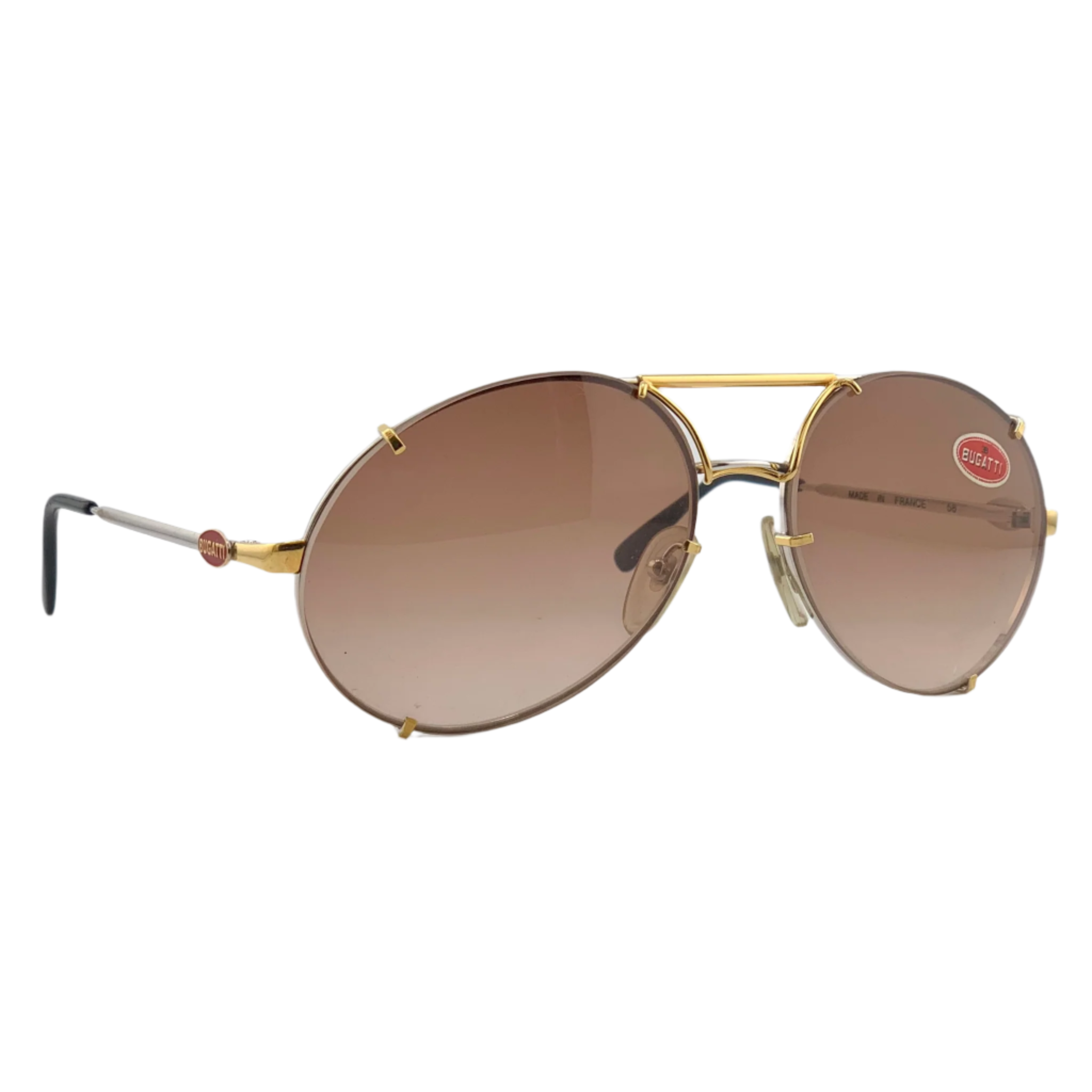 Original French-made Bugatti Oval 65360 sunglasses featuring brown lenses and a beige gold frame for both sexes