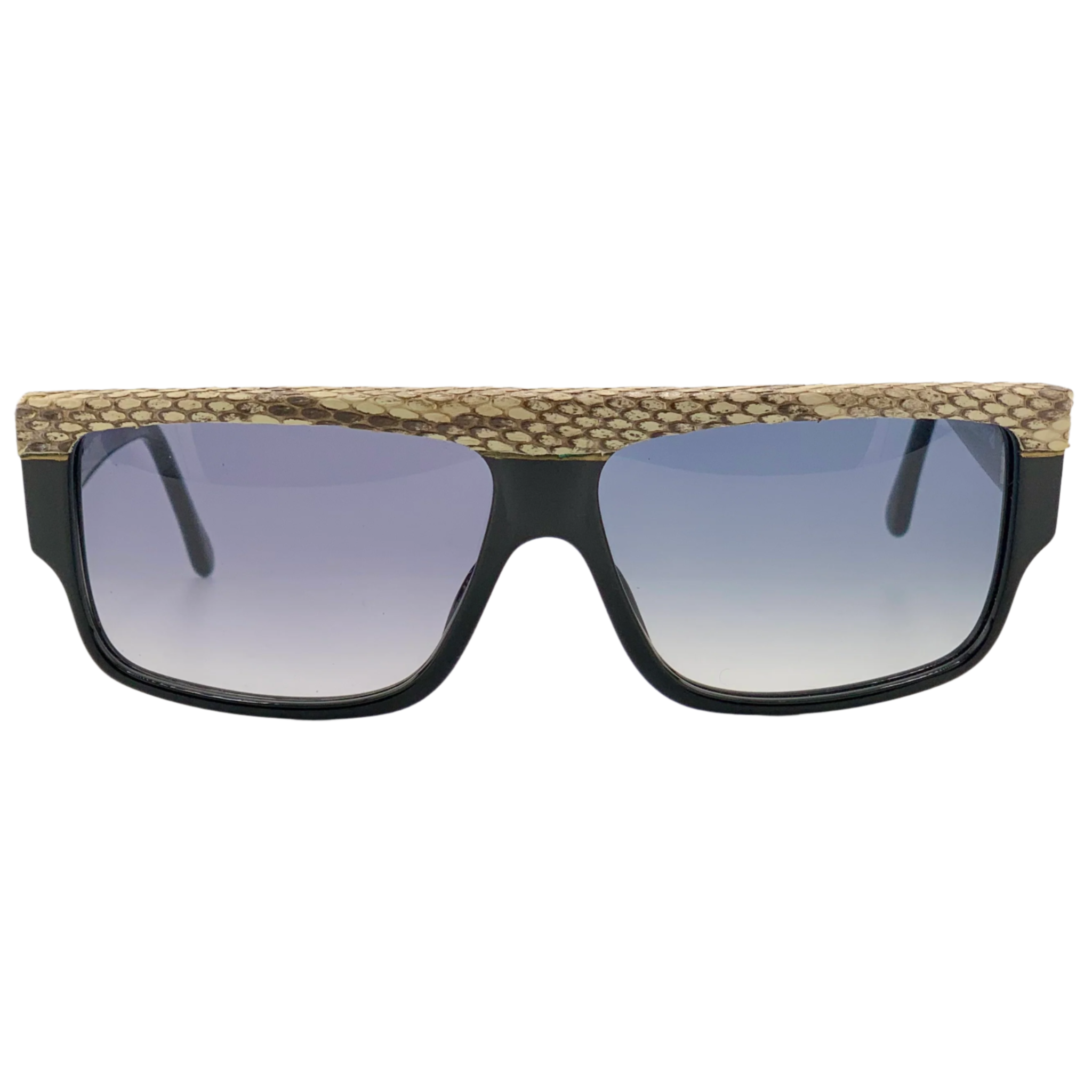 Vintage Emmanuelle Khanh flat brow sunglasses in black and snake print frame, blue lenses, made in France, never before worn or sold, in superb condition, suitable for men and women