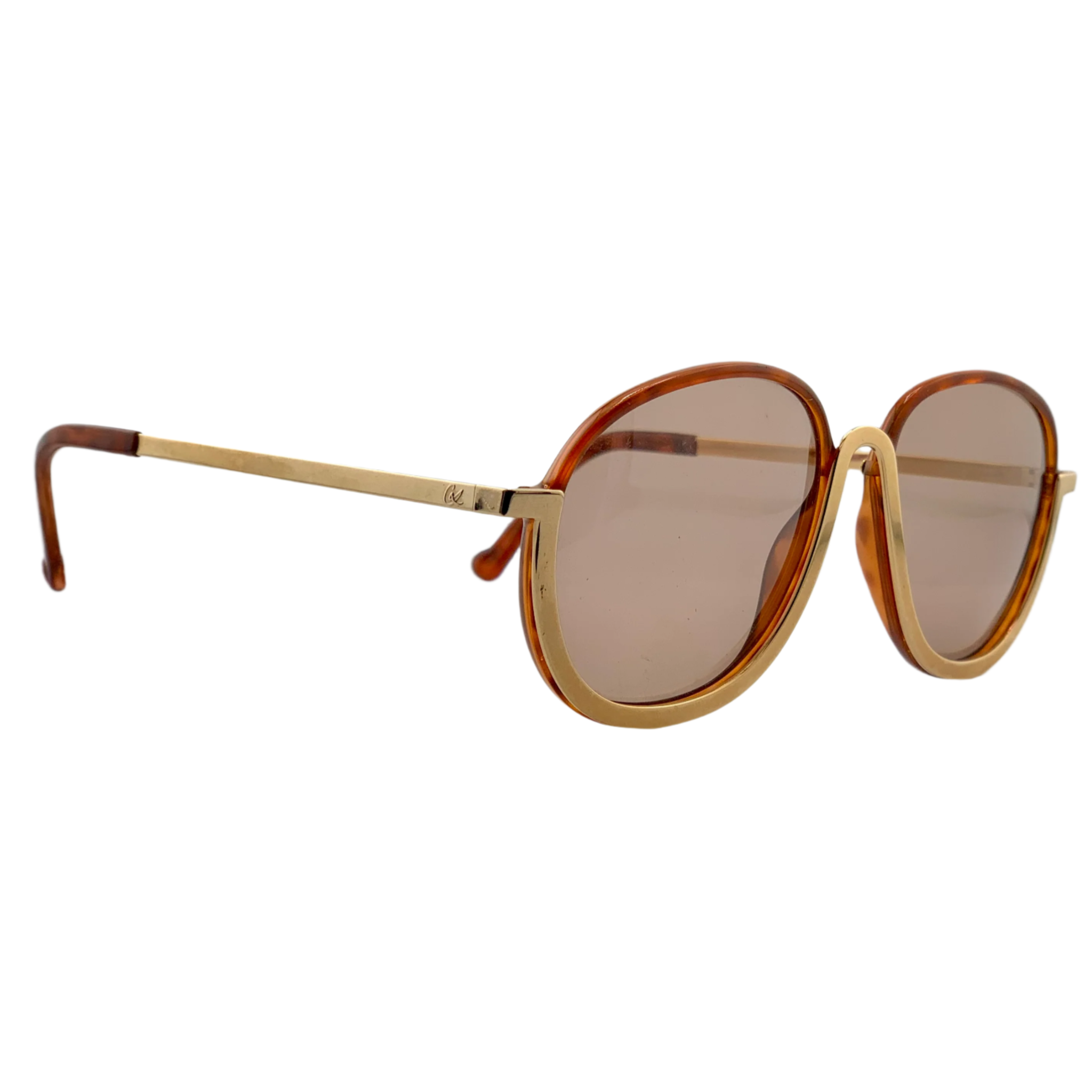  Authentic vintage Christian Lacroix round sunglasses for women, featuring a gold and brown frame with brown lenses Made in Austria, never worn or sold, and in superb condition