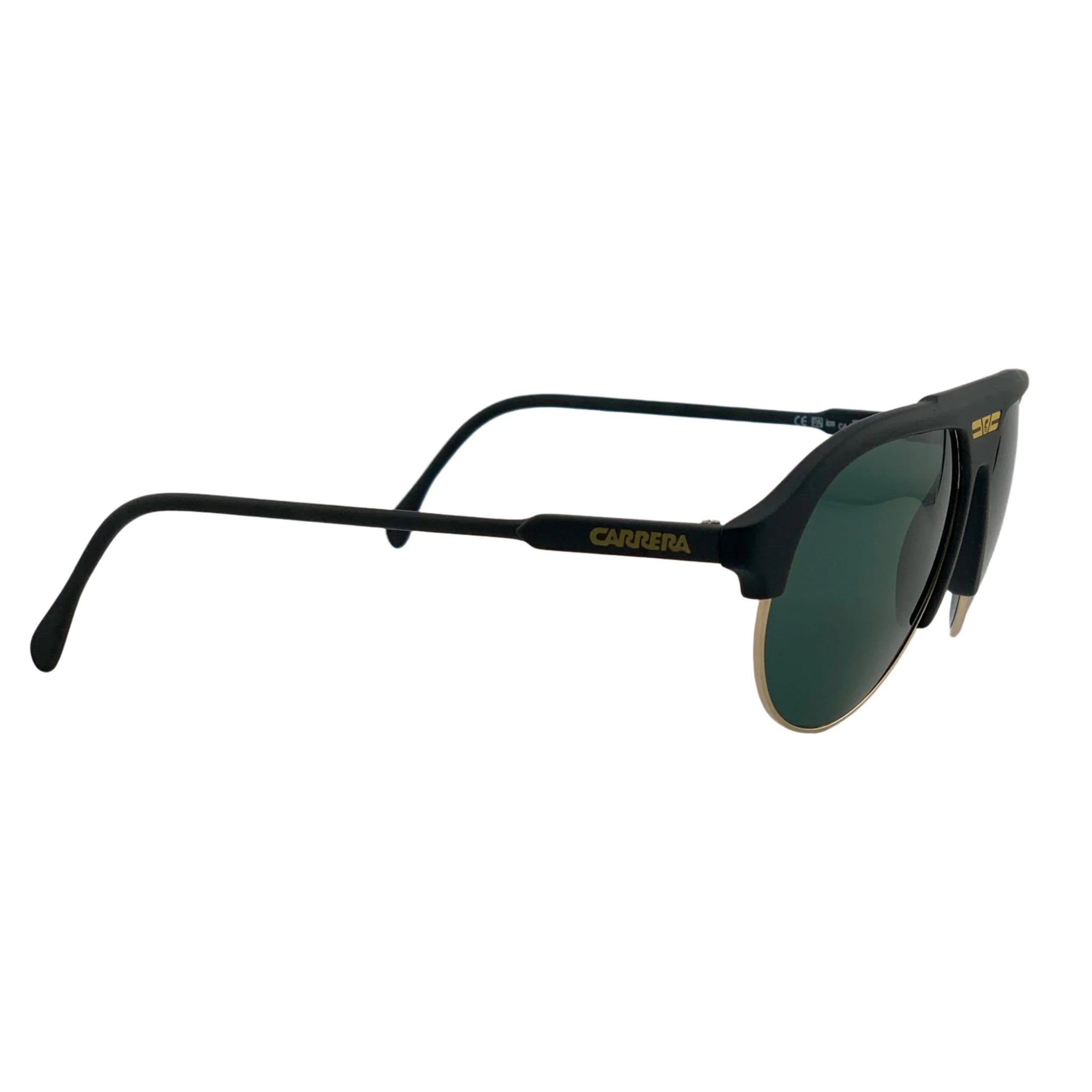 Black round sunglasses with gold detailing and Carrera logo on temple