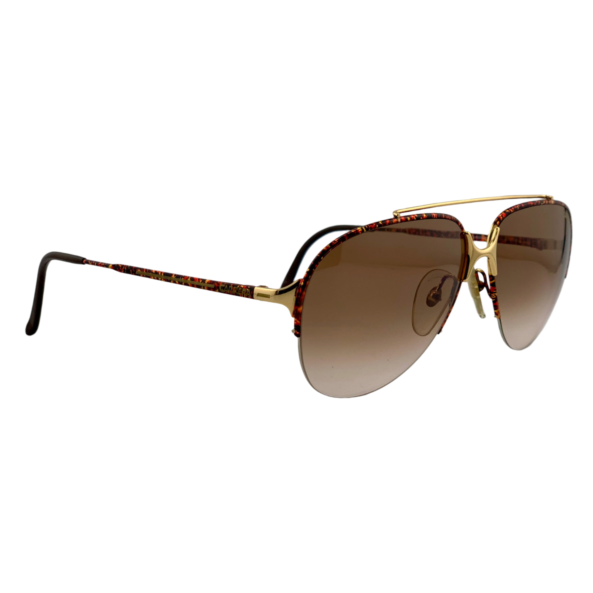 Close-up of vintage Carrera Aviator 5470 42 sunglasses with tortoise and gold frame and brown lenses, made in Austria