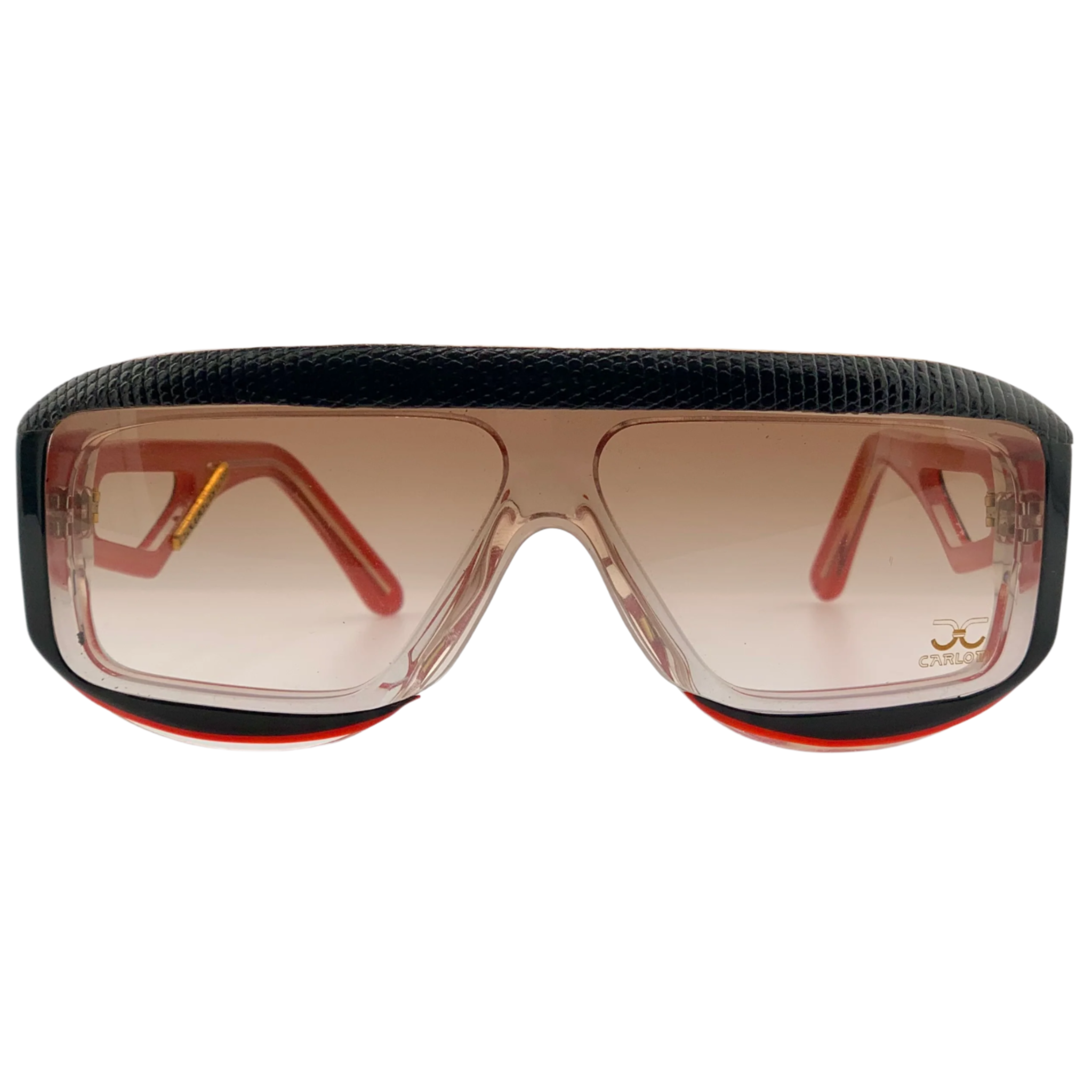 Vintage unisex Claudia Carlotti Flat Brow Chaparal CS8 sunglasses in black and red frame with brown lenses, hand made in France and in superb condition Never before worn or sold, guaranteeing authenticity and originality 