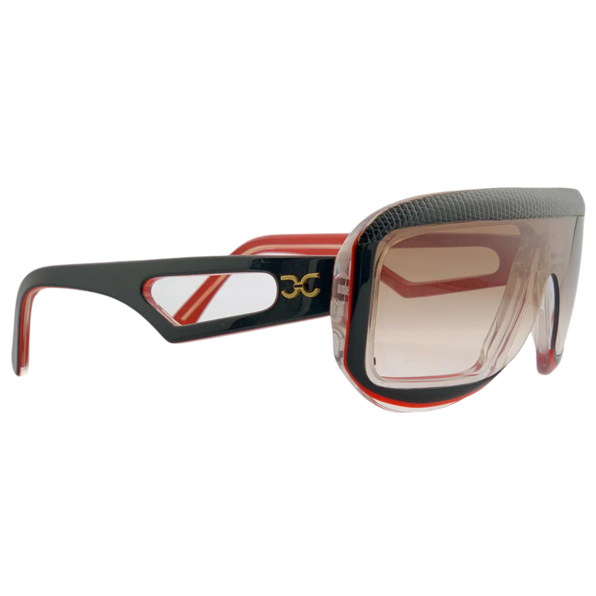  Pair of vintage Claudia Carlotti Flat Brow Chaparal CS8 sunglasses designed for both men and women Handmade in France with black and red frame and brown lenses Never worn or sold, ensuring authenticity and originality