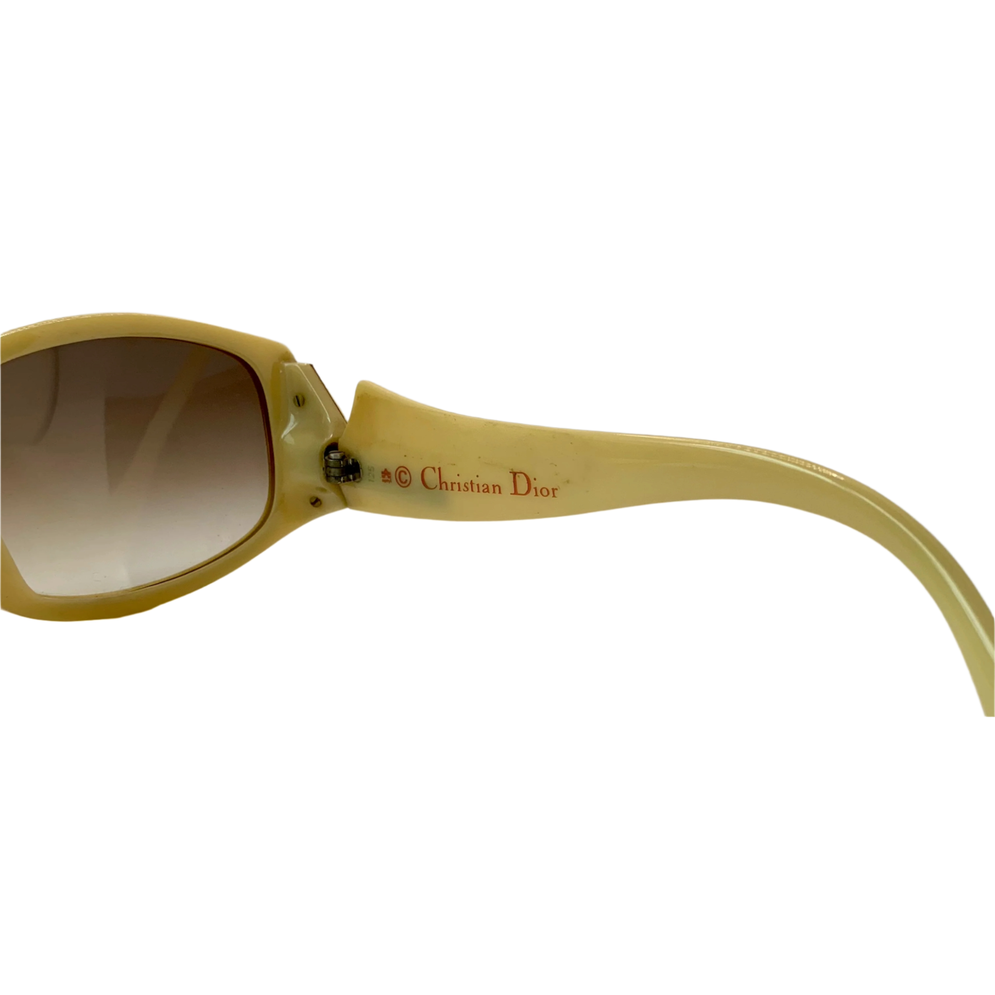 Gold oval Christian Dior sunglasses with brown gradient lenses and logo detail