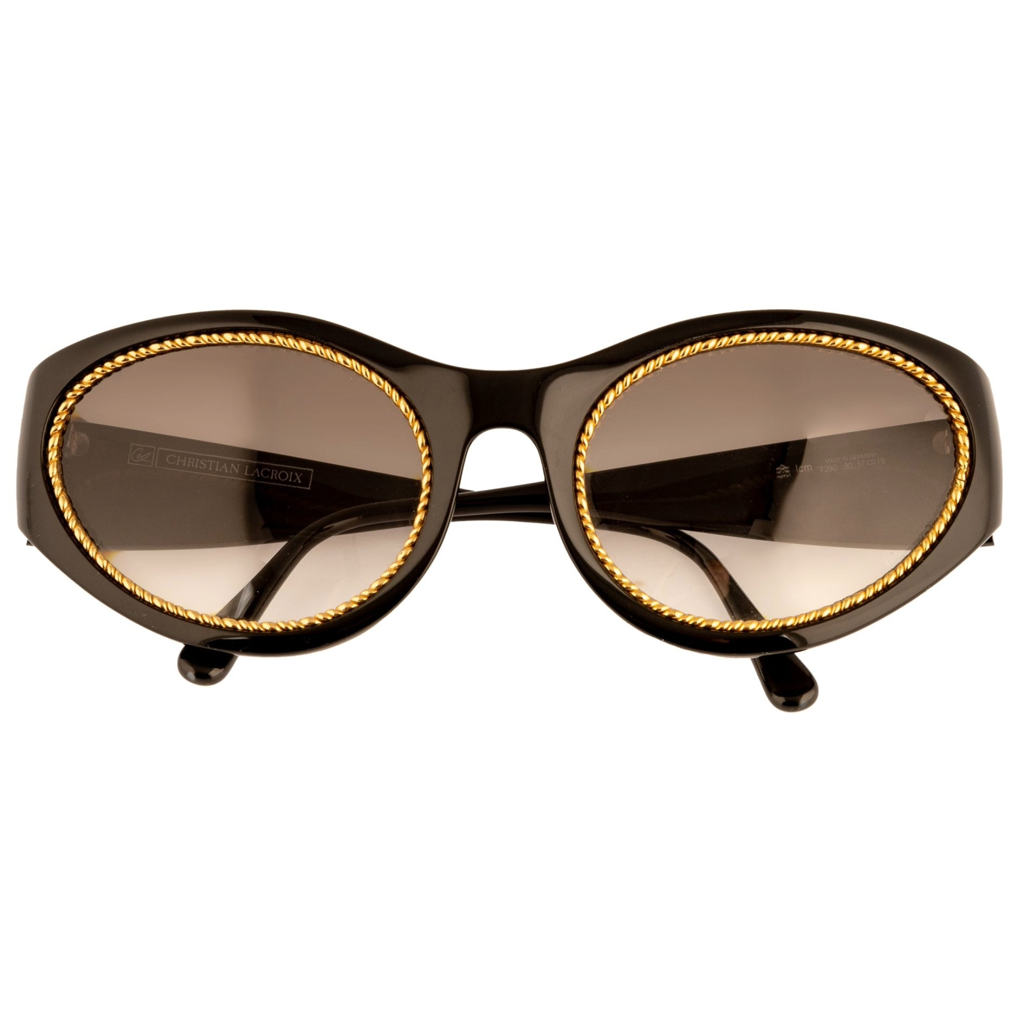 Original Christian Lacroix Cat Eye 7390 90 sunglasses for women, black and gold frame with brown lenses, superb condition, never before worn or sold