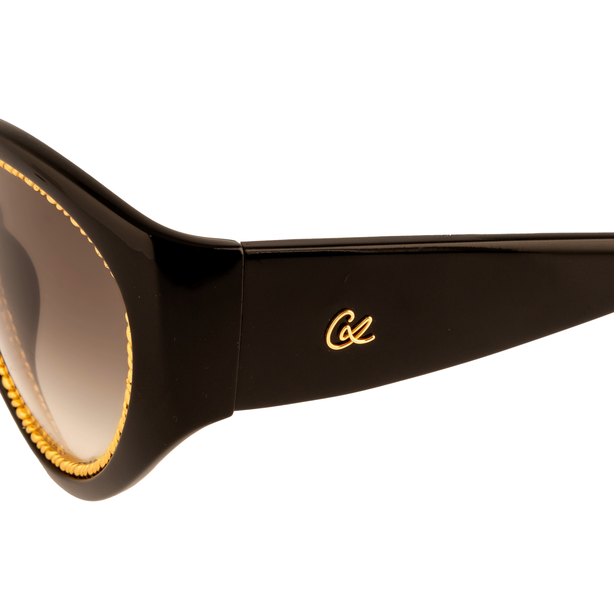 Superb condition, never before sold or worn, original vintage Christian Lacroix Cat Eye 7390 90 sunglasses for women, black and gold frame with brown lenses