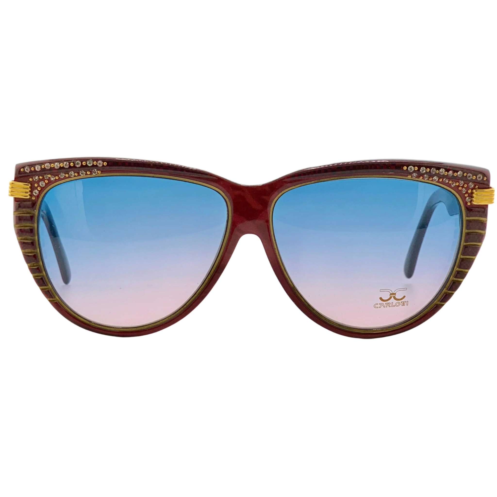 Vintage red and gold Claudia Carlotti cat eye sunglasses for men and women, with blue and pink gradient lenses, hand made in France and in superb condition 