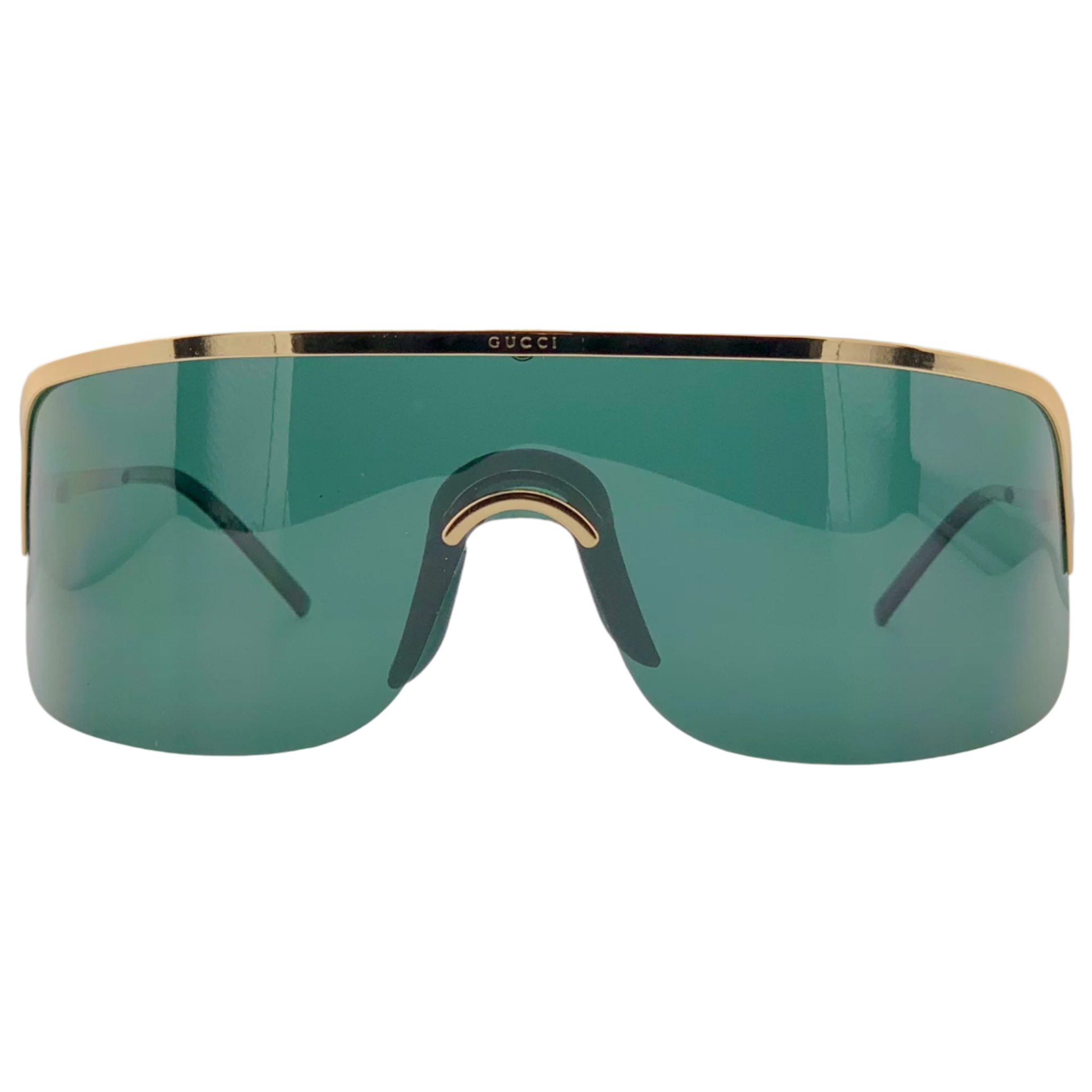 Vintage Gucci Visor 1651/S sunglasses for women and men, with gold frame and green lenses, made in Italy and in superb condition, never before worn or sold, authentic original 