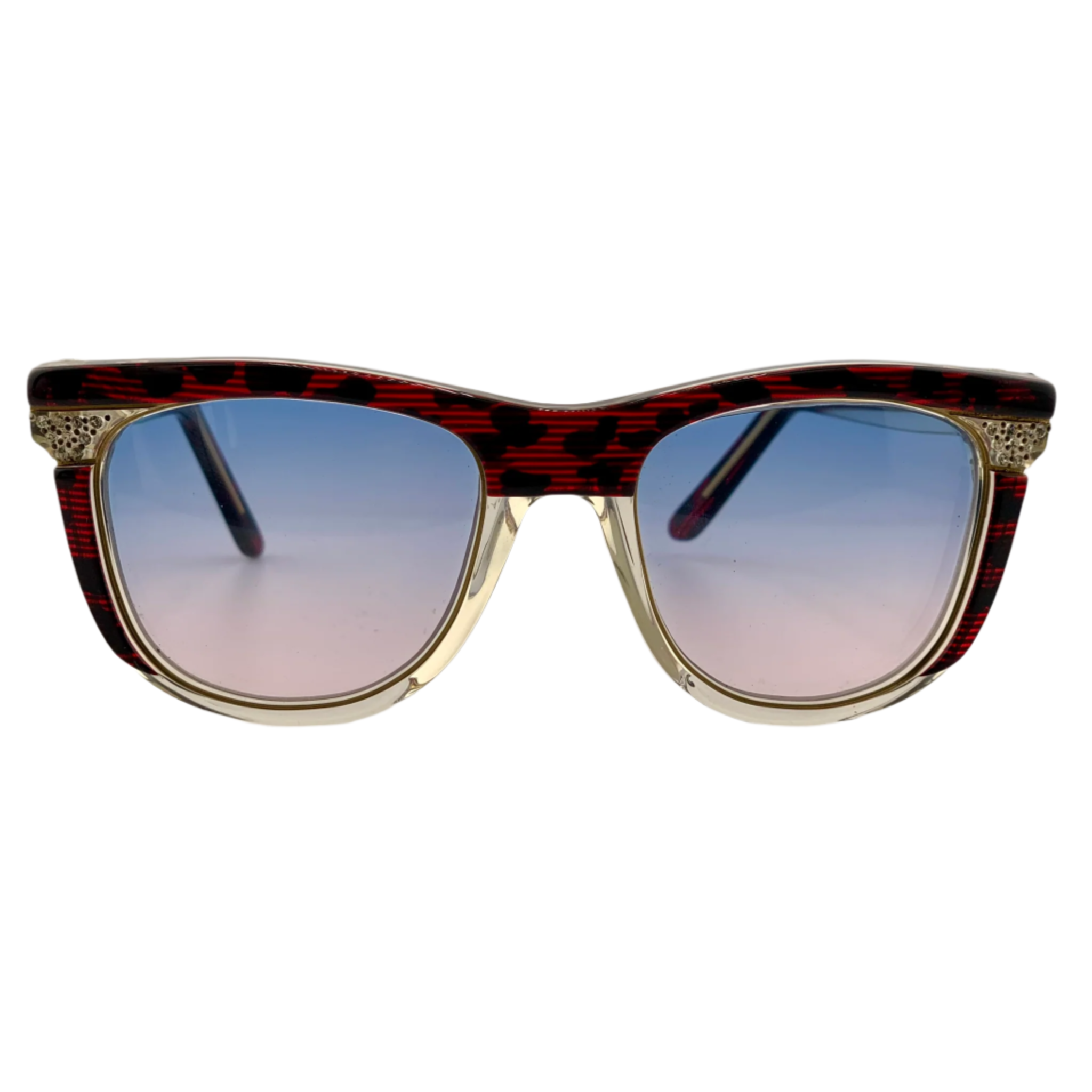 Vintage France Look Oval sunglasses with red, gold, and clear frame and blue lenses