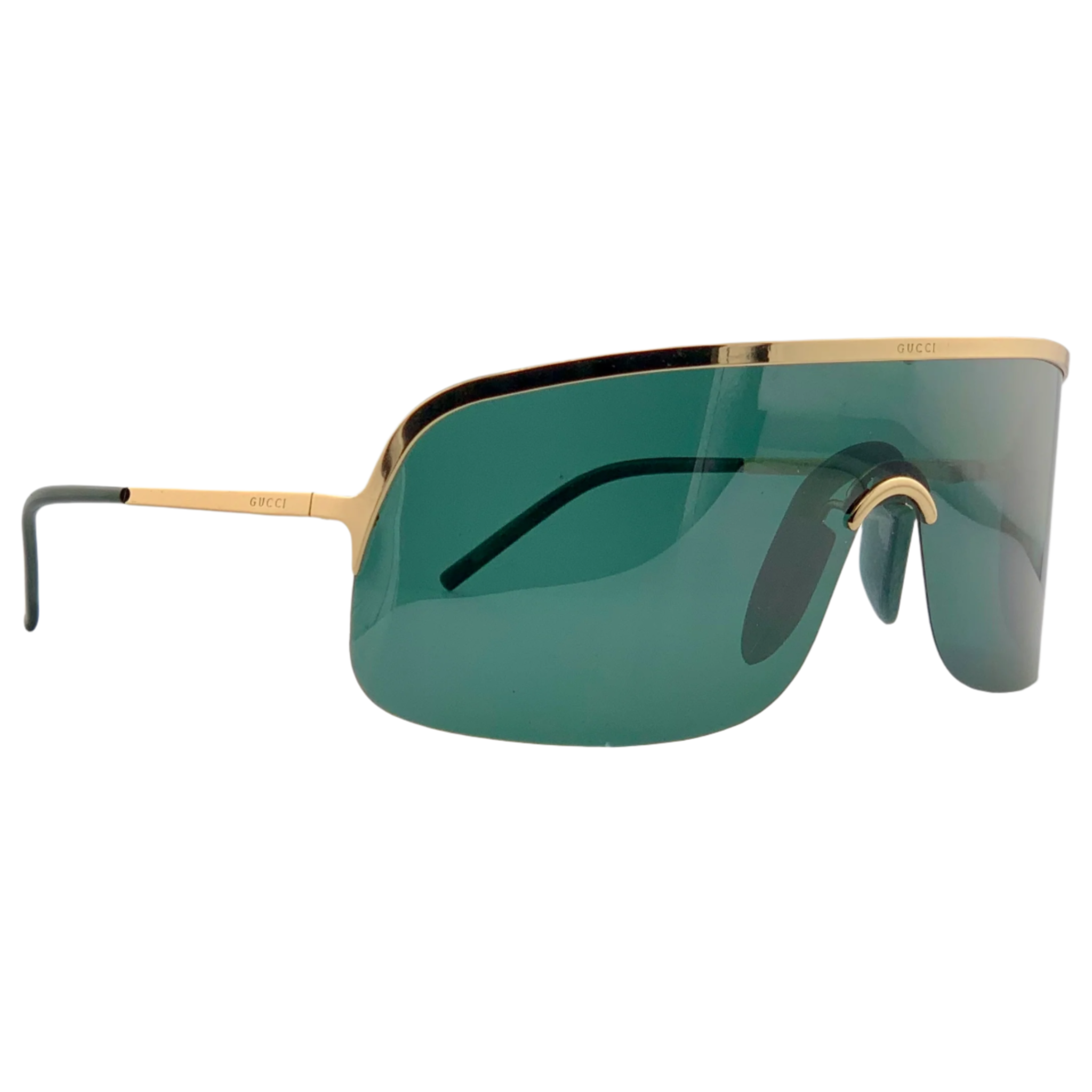  Authentic Vintage Gucci Visor 1651/S sunglasses, suitable for both women and men, with a gold frame, green lenses, made in Italy, and in pristine condition, never worn or sold