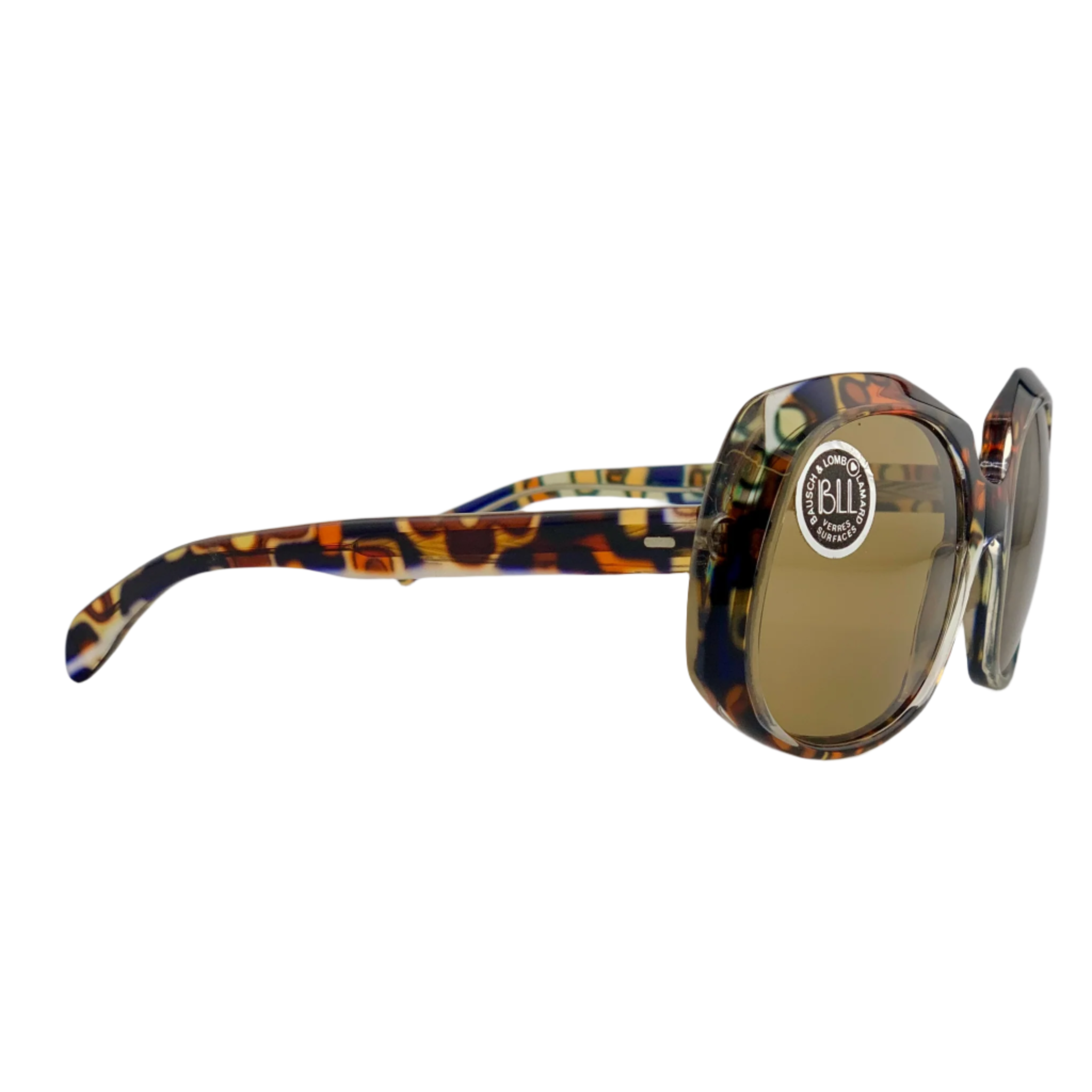 Authentic vintage Bausch and Lomb Round Canberra sunglasses with a multi-coloured orange and blue frame and brown lenses