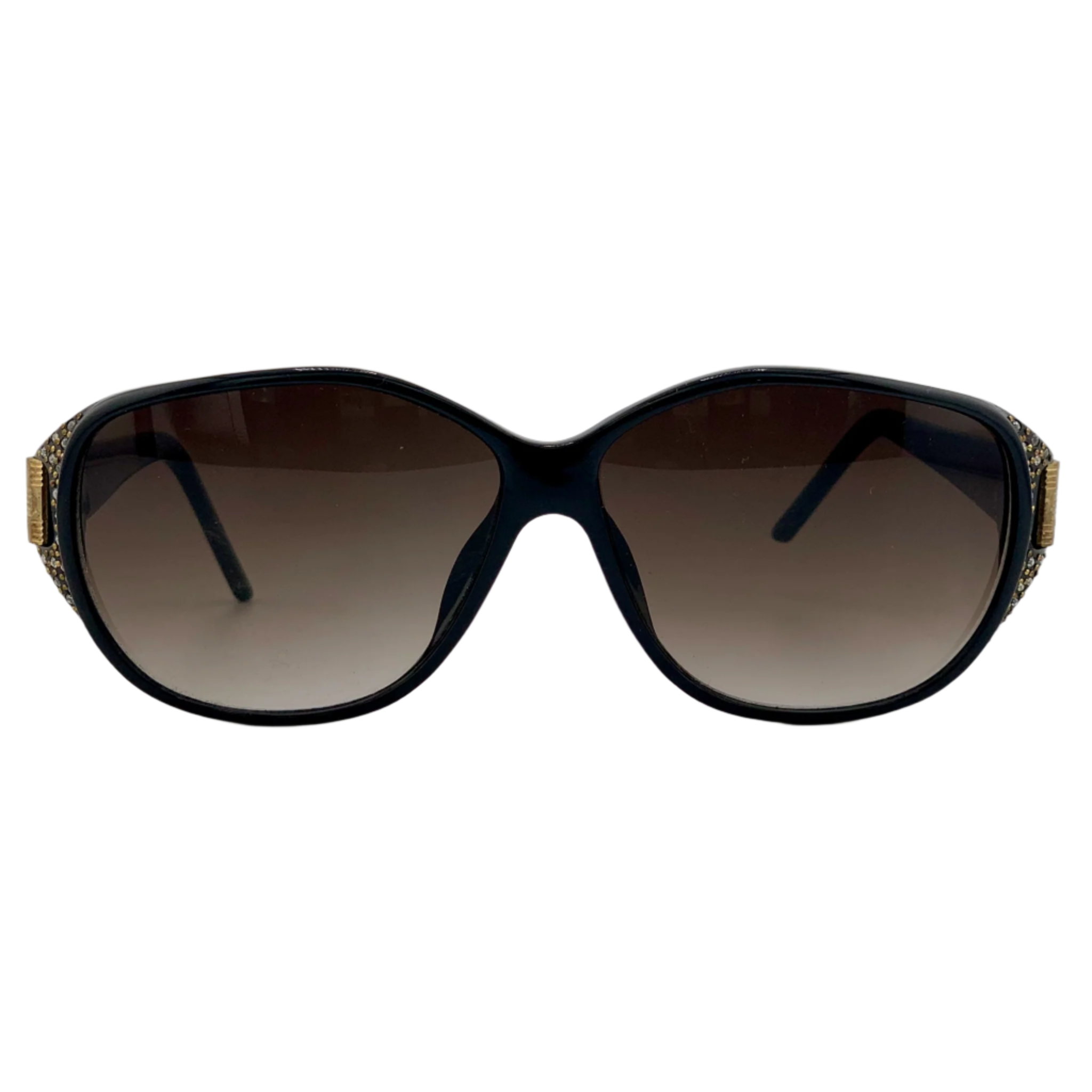 Vintage Brigette Bardot Oval sunglasses with black and gold frame, brown lenses
