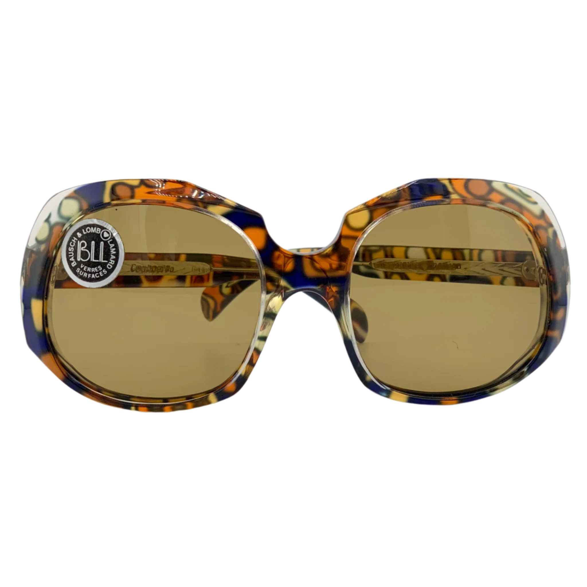 Classic vintage Bausch and Lomb Round Canberra sunglasses with orange/blue multi frame and brown lenses, authentic and never before sold
